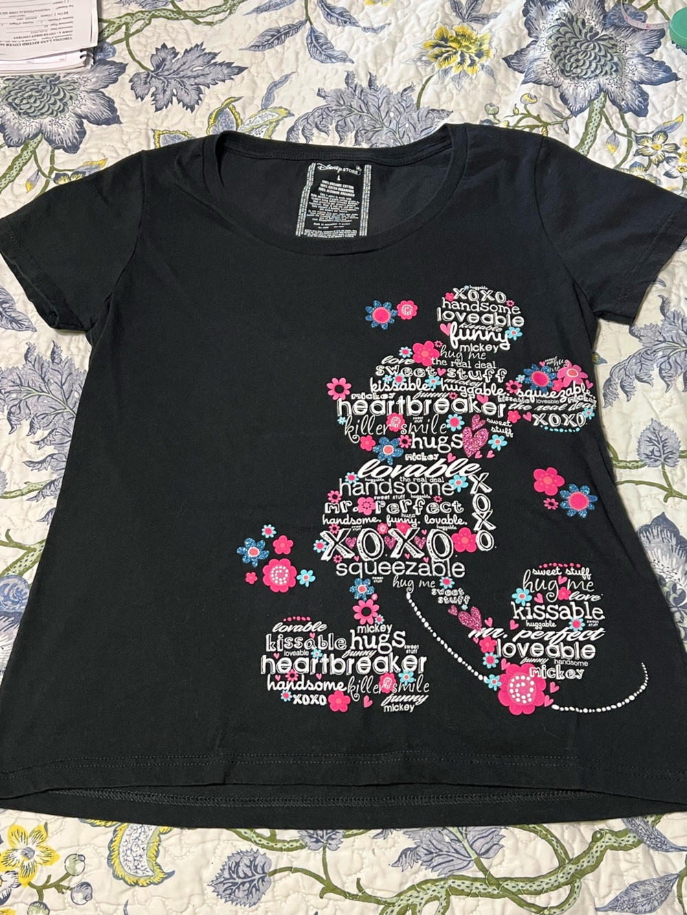 Disney Black Short-Sleeve Tee with Pink & Blue Floral Mickey Print